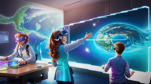 A futuristic classroom holographic display virtual reality integrated into the learning experience