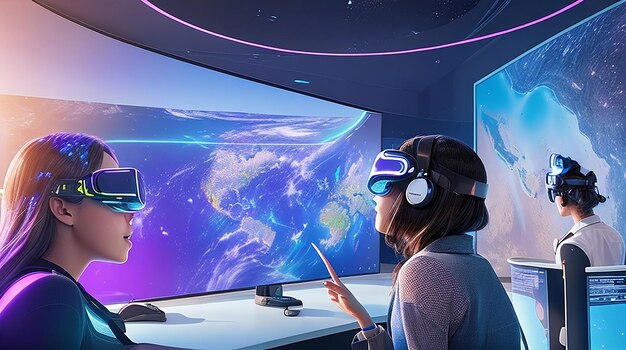 A futuristic classroom holographic display virtual reality integrated into the learning experience