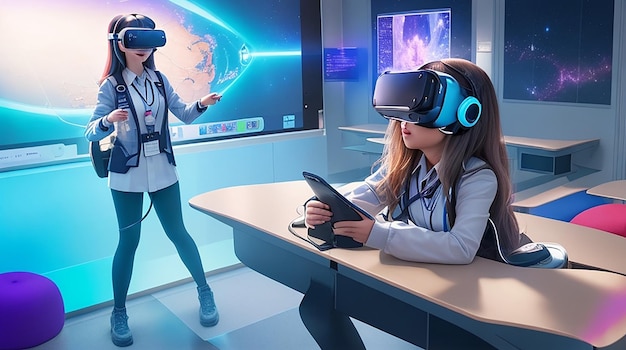 A futuristic classroom holographic display virtual reality integrated into the learning experience