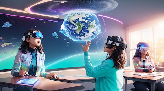 A futuristic classroom holographic display virtual reality integrated into the learning experience