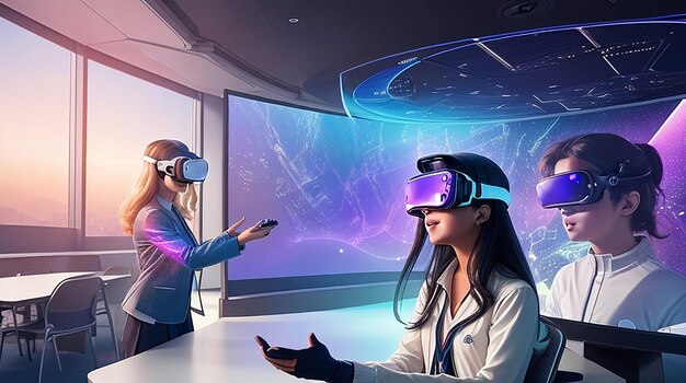 A futuristic classroom holographic display virtual reality integrated into the learning experience