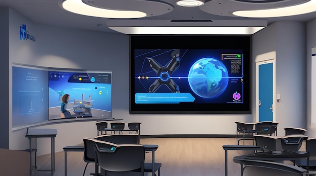 A futuristic classroom holographic display virtual reality integrated into the learning experience