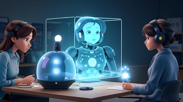 A futuristic classroom holographic display virtual reality integrated into the learning experience