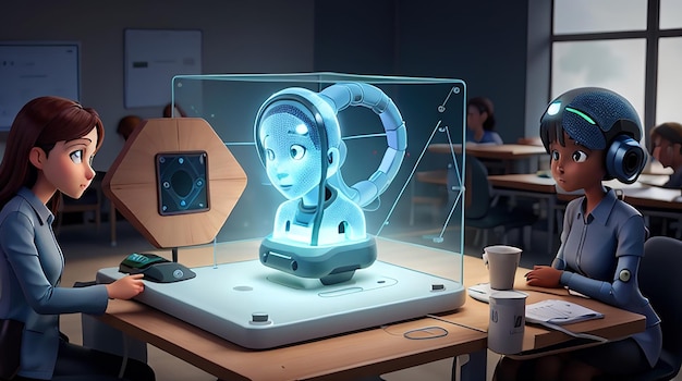 A futuristic classroom holographic display virtual reality integrated into the learning experience