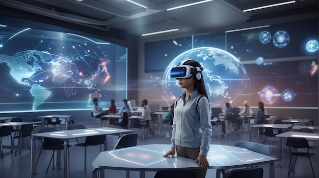 A futuristic classroom holographic display virtual reality integrated into the learning experience