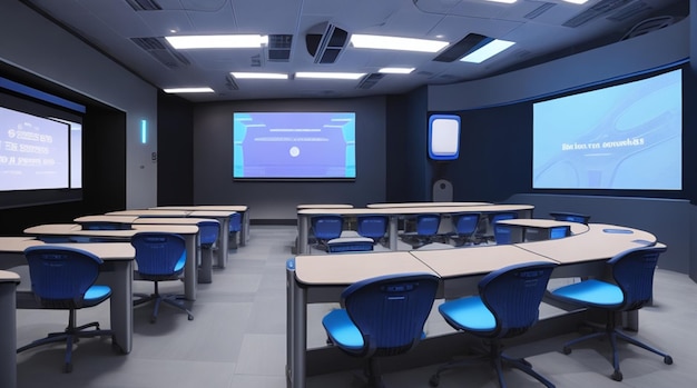 A futuristic classroom with glowing screens and robotic assistants