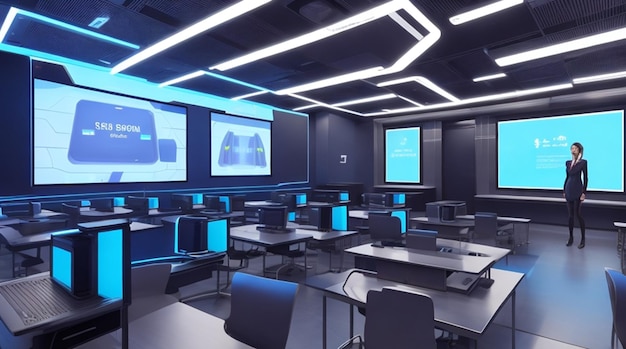 A futuristic classroom with glowing screens and robotic assistants