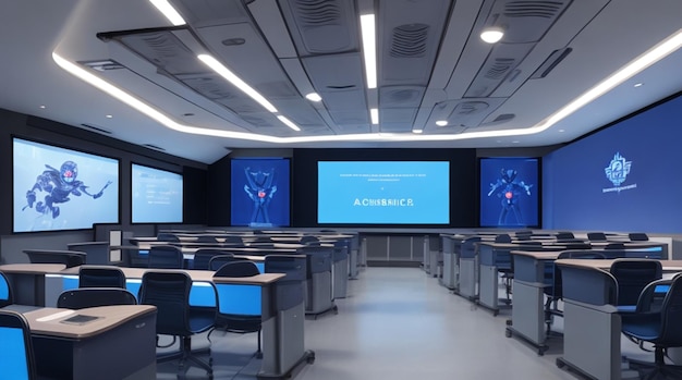 A futuristic classroom with glowing screens and robotic assistants