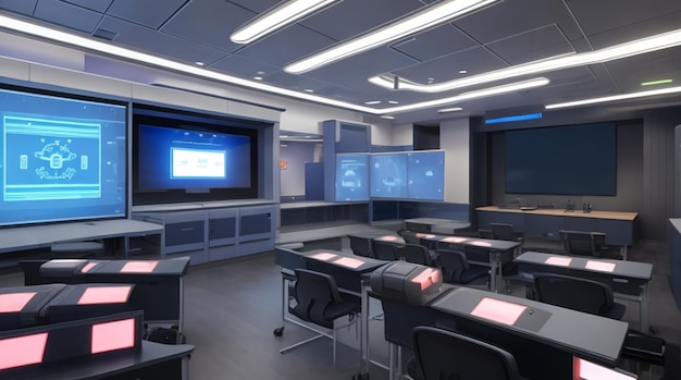 輝くスクリーンとロボットアシスタントの 未来的な教室