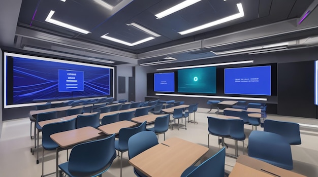 A futuristic classroom with glowing screens and robotic assistants