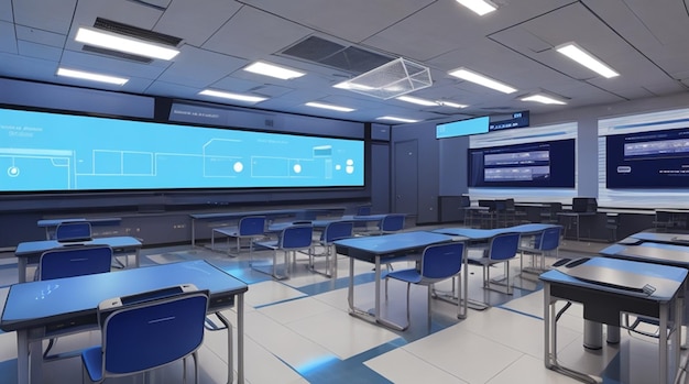 A futuristic classroom with glowing screens and robotic assistants