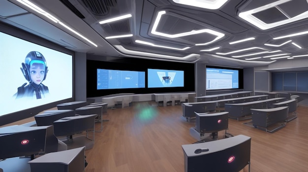 A futuristic classroom with glowing screens and robotic assistants