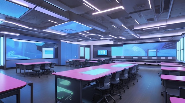 A futuristic classroom with glowing screens and robotic assistants