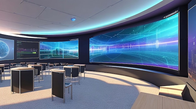 A futuristic classroom with holographic displays are integrated into the learning experience