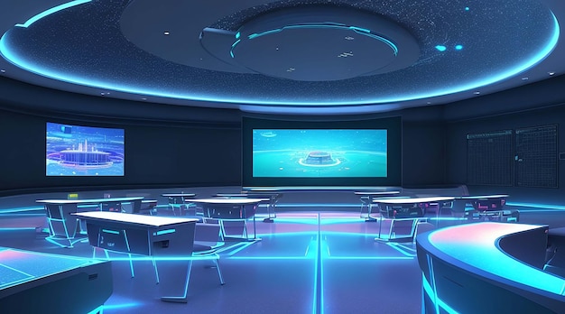 A futuristic classroom with holographic displays are integrated into the learning experience