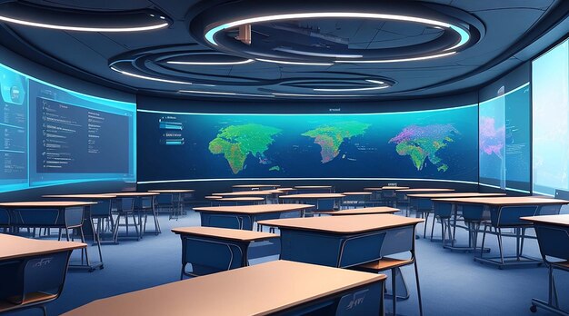 A futuristic classroom with holographic displays are integrated into the learning experience