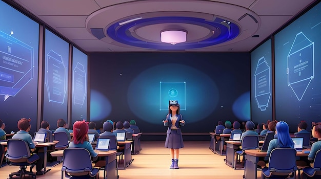 A futuristic classroom with holographic displays are integrated into the learning experience