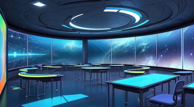 A futuristic classroom with holographic displays are integrated into the learning experience