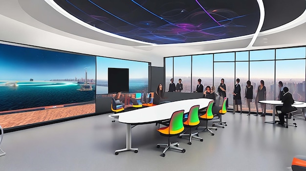 A futuristic classroom with holographic displays are integrated into the learning experience