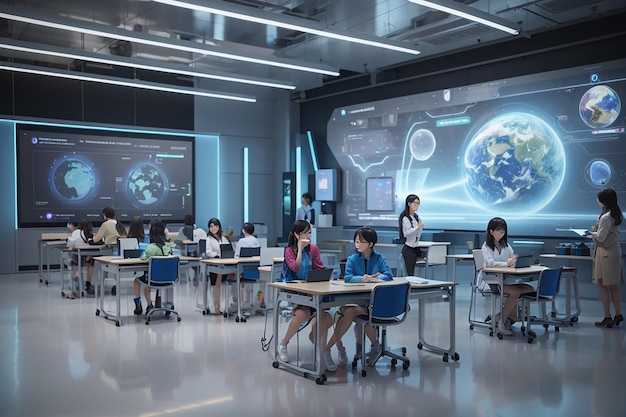 A futuristic classroom with holographic displays and robotic teaching assistants