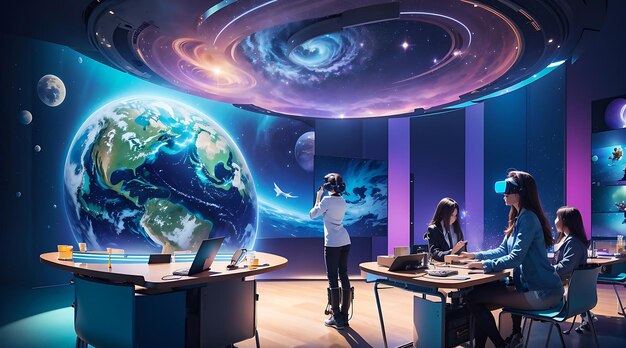 A futuristic classroom with holographic displays virtual reality integrated into the learning experience