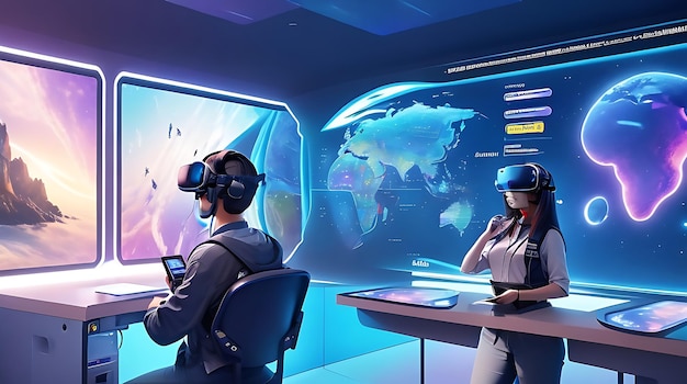 A futuristic classroom with holographic displays virtual reality integrated into the learning experience