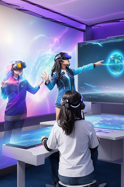 A futuristic classroom with holographic displays virtual reality integrated into the learning experience