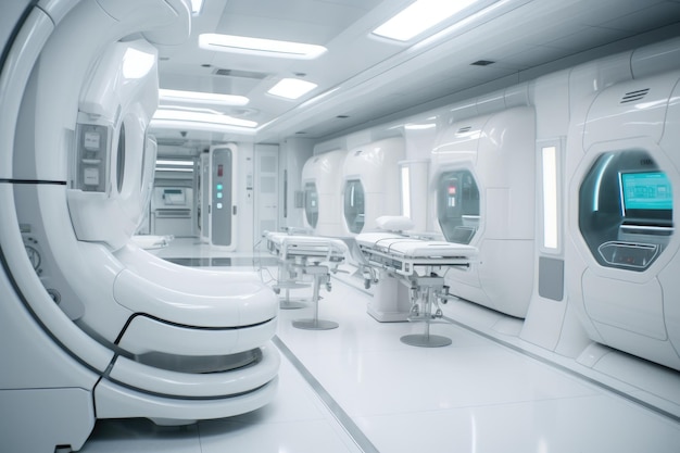 Futuristic Clean Empty Hospital with Medical Tools and Reflective Floors