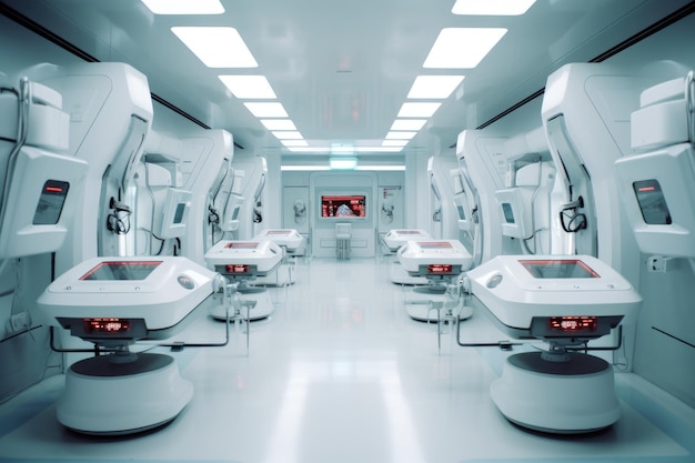 Futuristic Clean Empty Hospital with Medical Tools and Reflective Floors