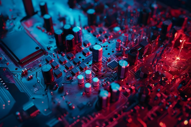 Futuristic Closeup of Glowing Electronic Circuit Board with Components