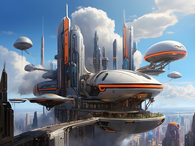 A futuristic cloud city with sleek architecture vibrant colors and a bustling atmosphere High re