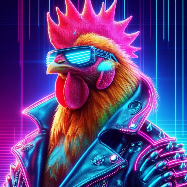 futuristic cluck chic a neonlit chicken flaunts a punk jacket in vibrant colorful lights