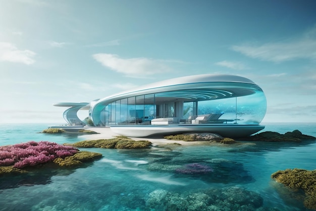 Futuristic coastal retreats with transparent walls holographic aquatic life and sustainable gardens