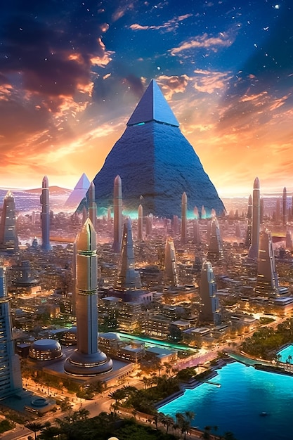 A futuristic colorful city in ancient egypt huge futuristic cyber temple city Ai Generated