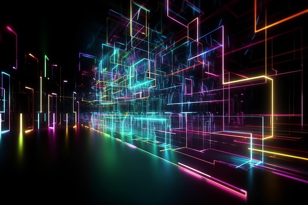 Futuristic colorful electric cables lines and led ight effect background for digital technology Trendy wallpaper spectrum generative AI