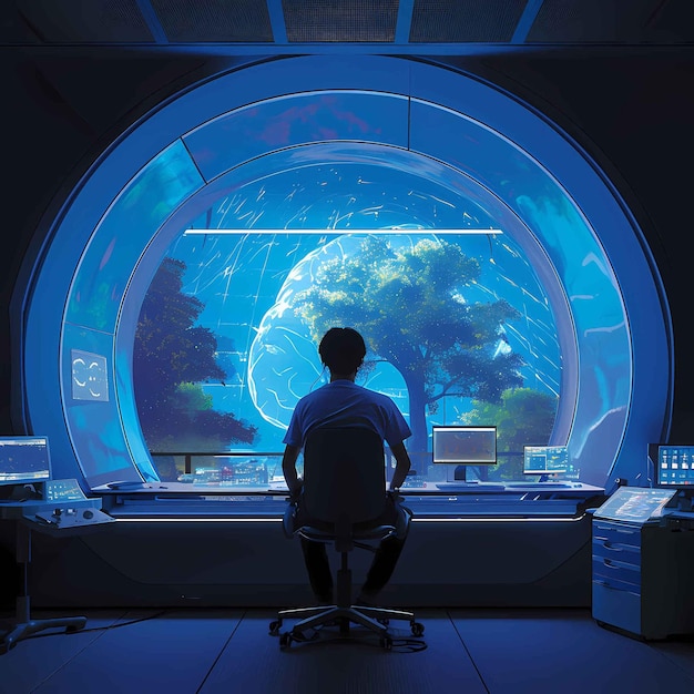 Futuristic Command Center Operator Overseeing Global Operations