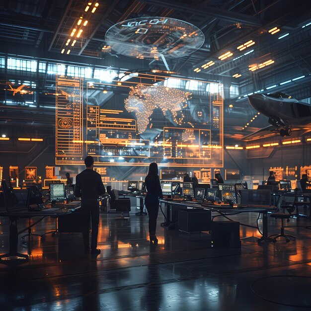 Futuristic Command Center with Advanced Global Monitoring Technology