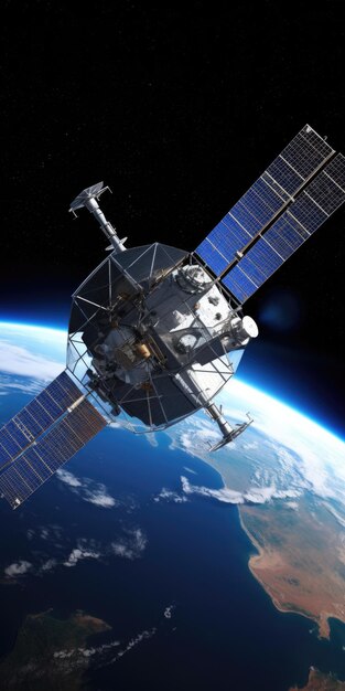 Футуристический спутник связи на орбите вокруг Земли, генерирующая искусственную иллюстрацию
