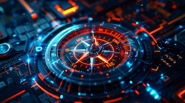 Photo a futuristic compass with digital symbols and glowing lines surrounded by navigation concept