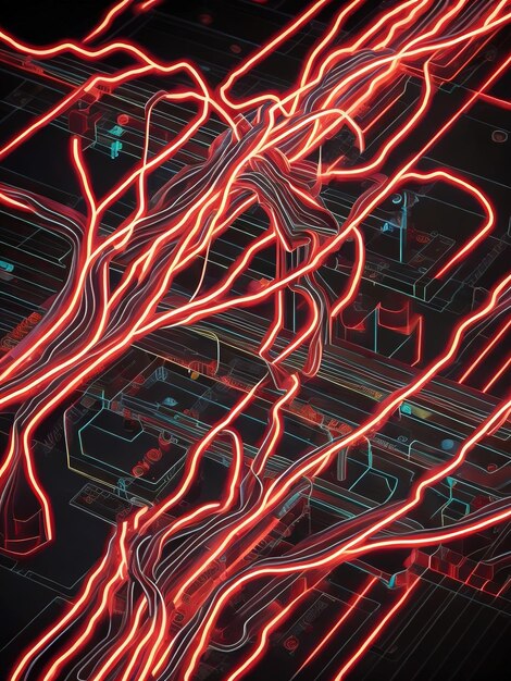 A futuristic computer circuit board with light trails