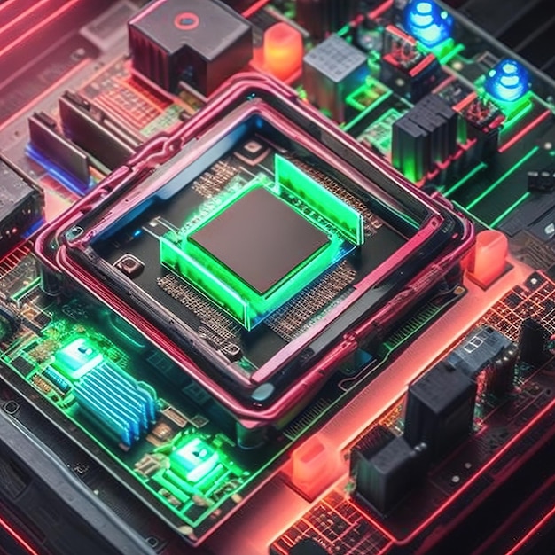 A futuristic computer circuit board with neon light