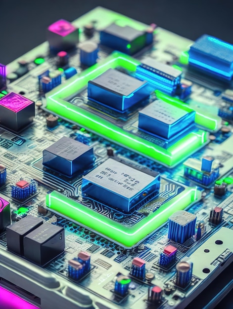 A futuristic computer circuit board with neon light