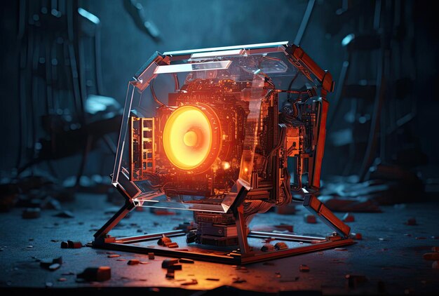 A futuristic computer in front of an orange light
