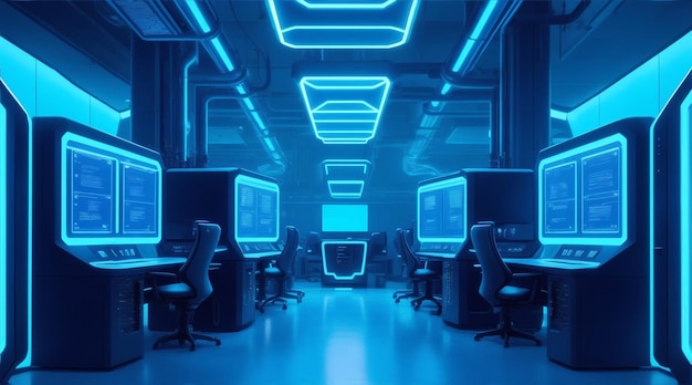 Photo futuristic computer lab with bright blue lighting generative ai