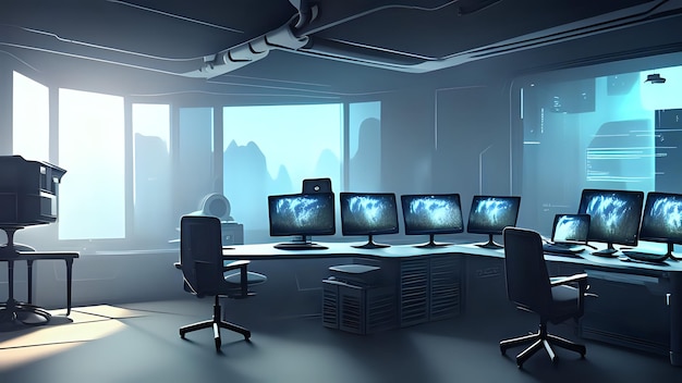 Futuristic computer room with screens