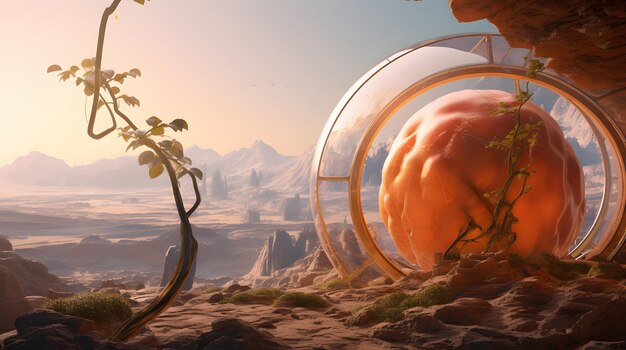 Photo futuristic concept art of a peach in a mars colony habitat