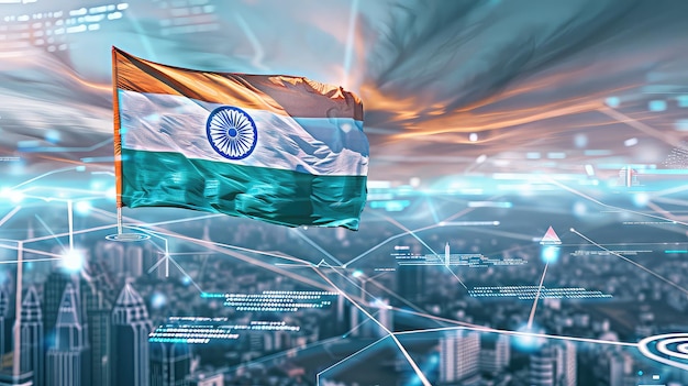 인도 도시 스카이 라인 건물의 커뮤니케이션의 미래 개념은 불빛으로 조명됩니다 인도 국기 8월 15일 인도 독립의 날