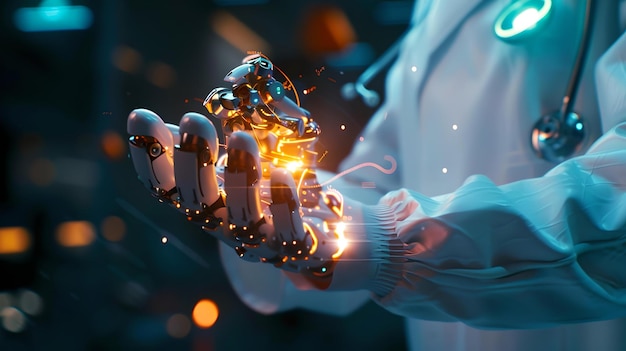 Futuristic concept of a doctors hand holding a glowing digital object illustrating cuttingedge healthcare technology modern medical innovation AI