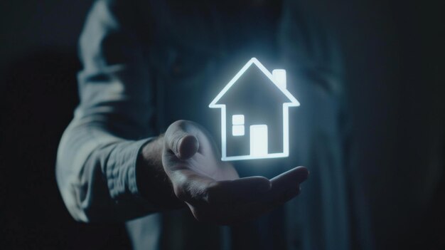 Photo a futuristic concept of a glowing house outline held aloft in a hand