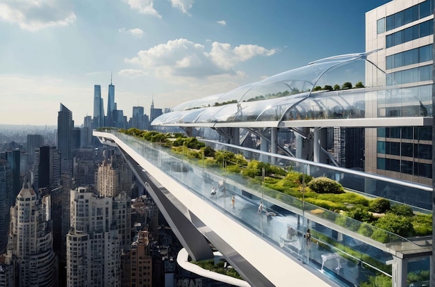 A futuristic concept of a green rooftop farm with lush vegetation